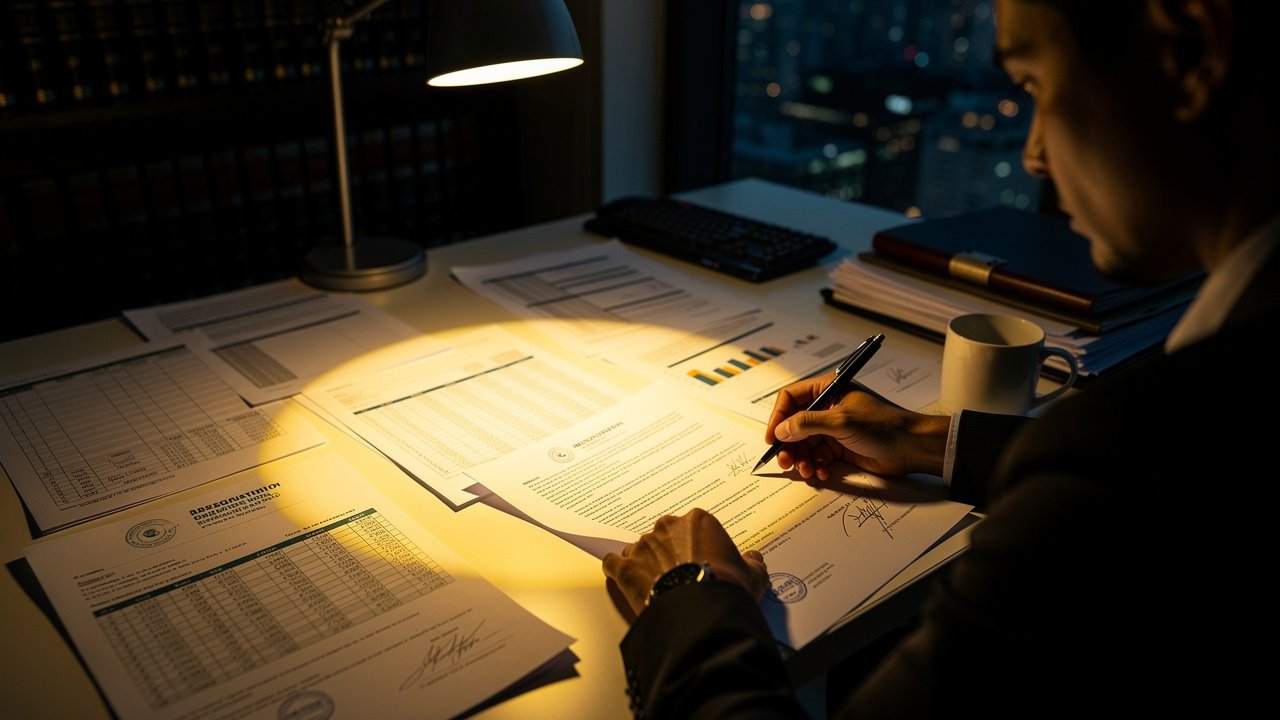 Analyst reviewing corporate due diligence documents in Jakarta