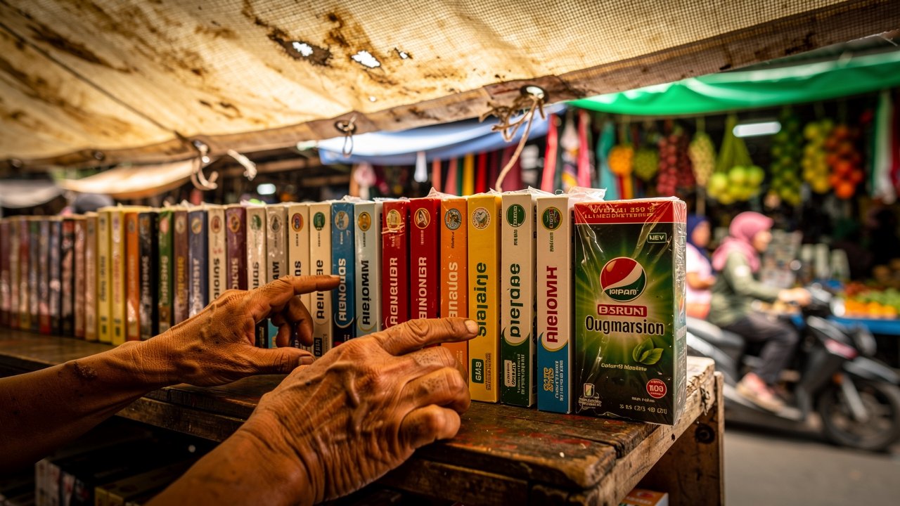 Counterfeit goods on an Indonesian street market stall