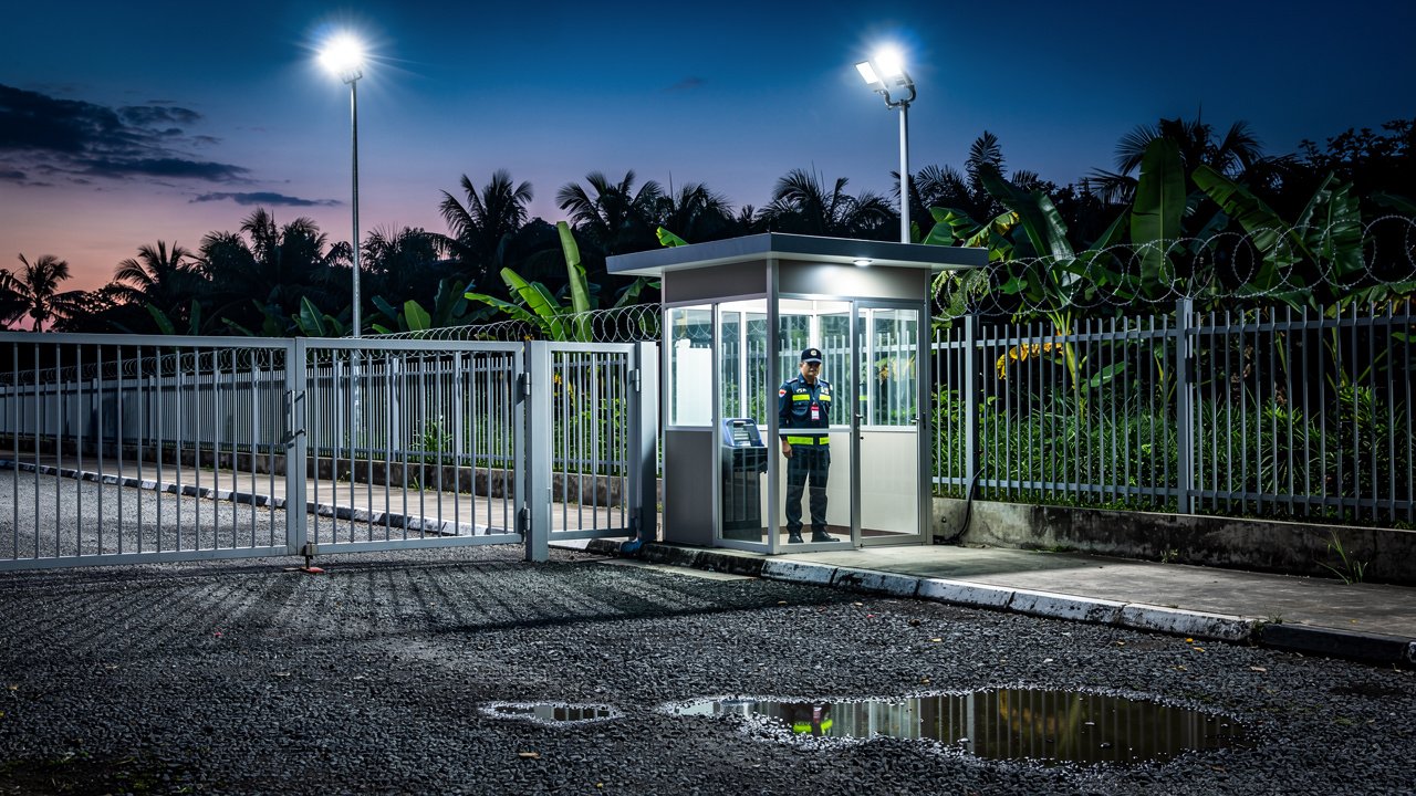 Industrial facility security checkpoint at dusk in Indonesia
