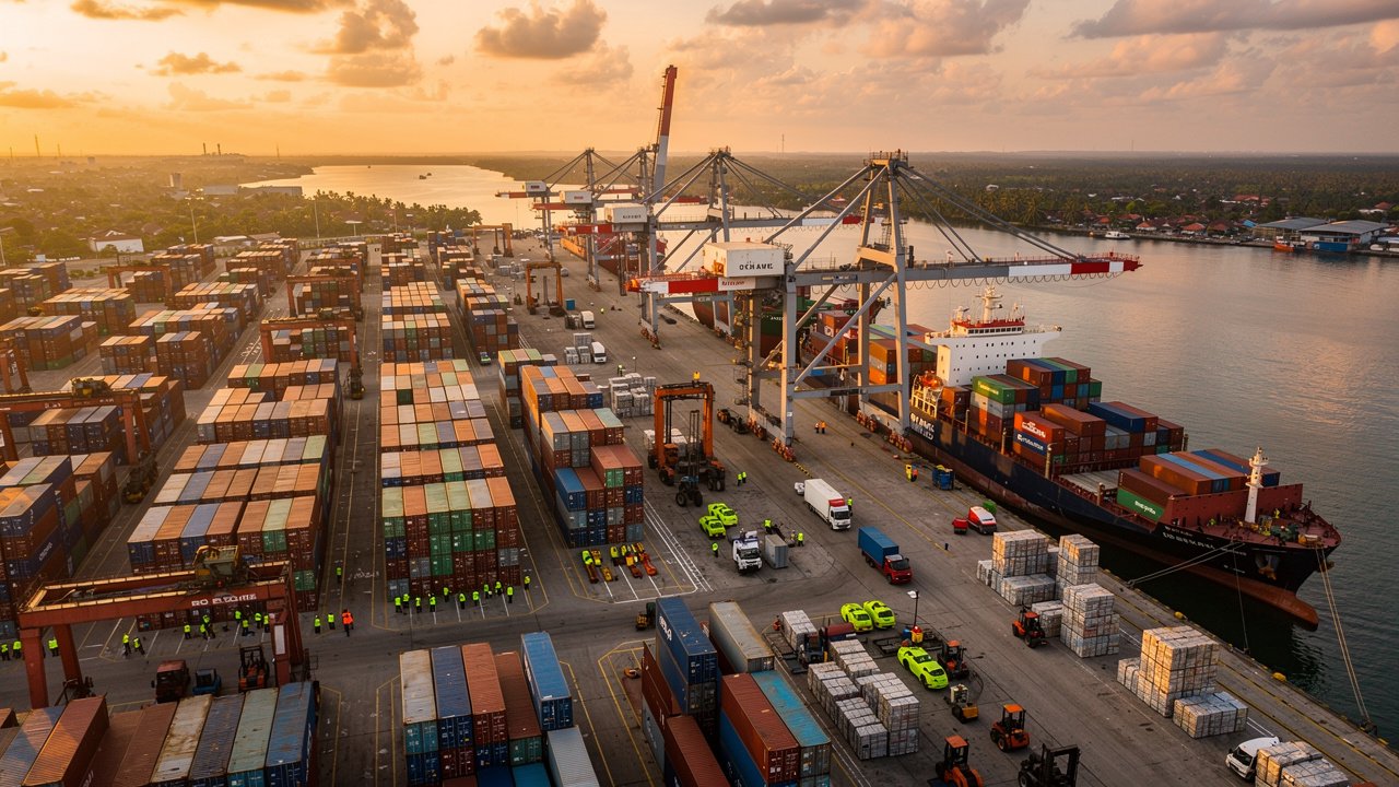 Aerial view of Indonesian industrial port at golden hour